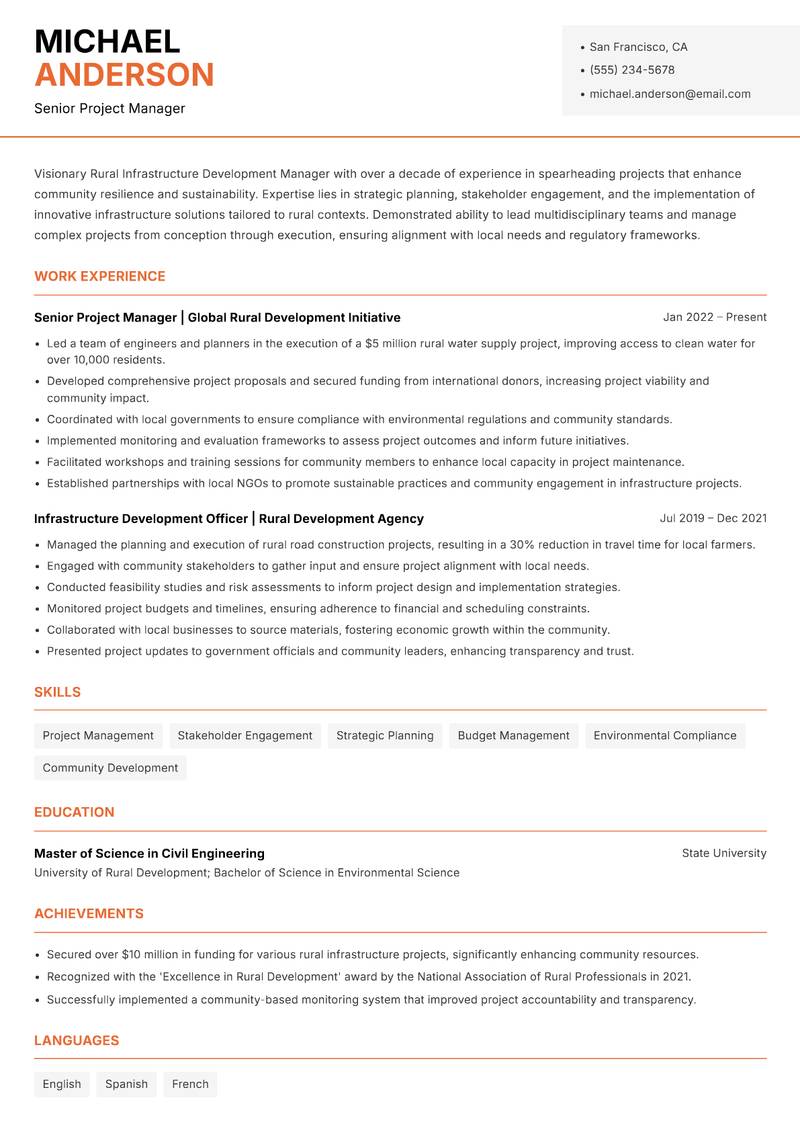 Rural Infrastructure Development Manager resume template — Modern Professional