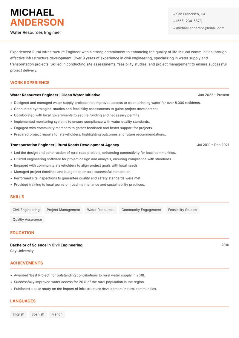 Rural Infrastructure Engineer resume template — Modern Professional