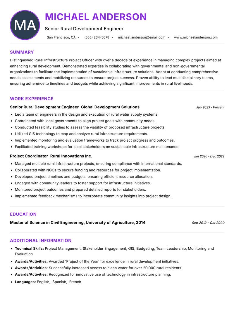 Rural Infrastructure Project Officer resume example — ATS-friendly template