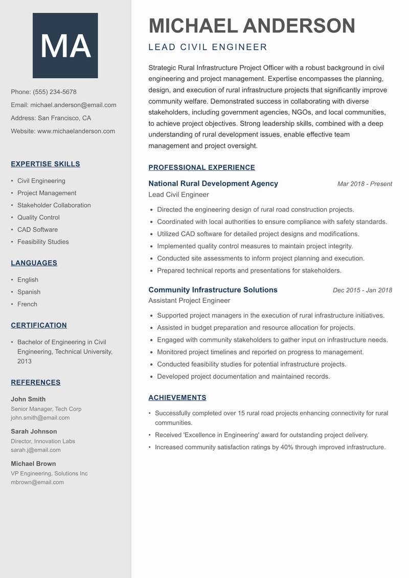 Rural Infrastructure Project Officer resume template — Creative Minimal