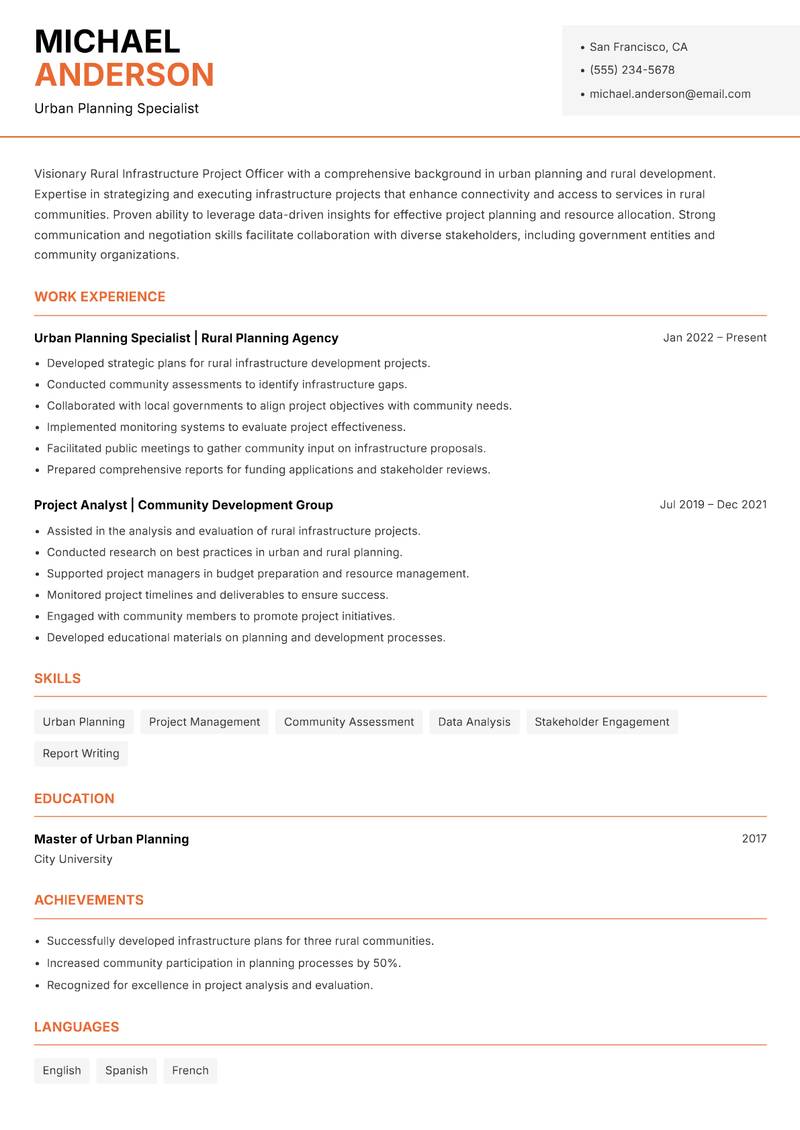 Rural Infrastructure Project Officer resume template — Modern Professional