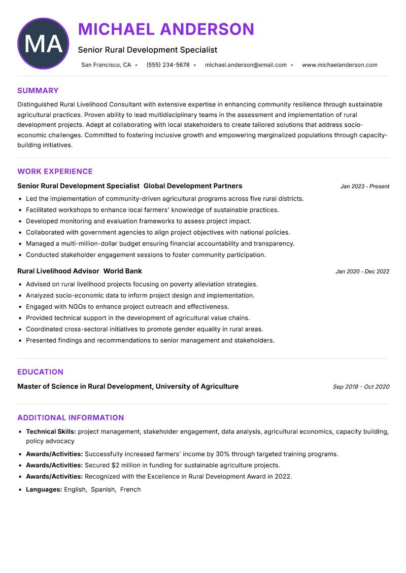 Rural Livelihood Consultant resume example — ATS-friendly template