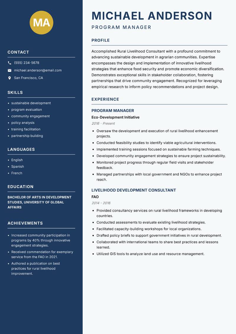 Rural Livelihood Consultant resume template — Classic Clean