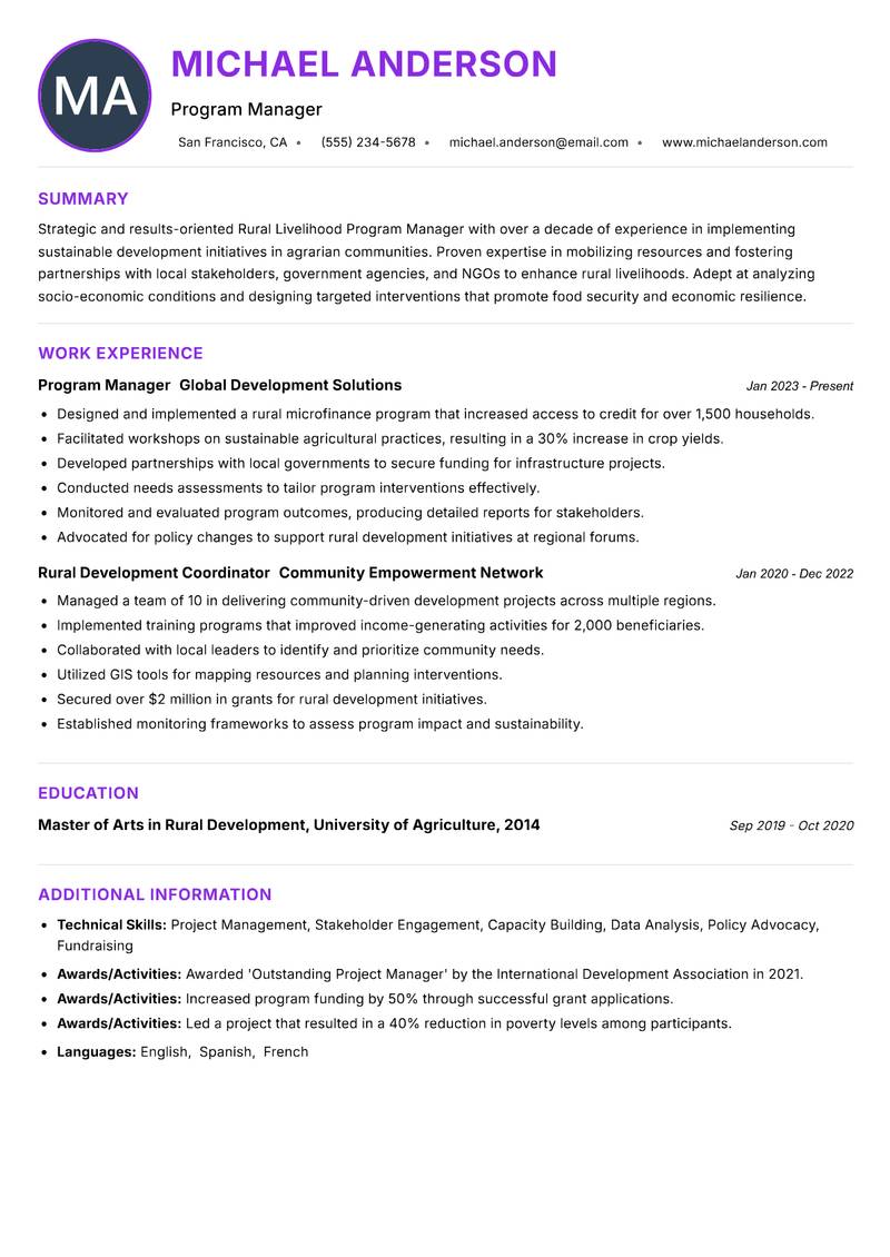 Rural Livelihood Program Manager resume example — ATS-friendly template