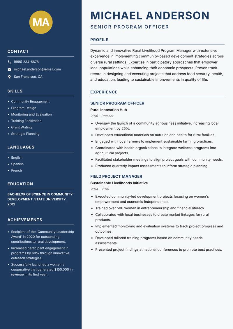 Rural Livelihood Program Manager resume template — Classic Clean