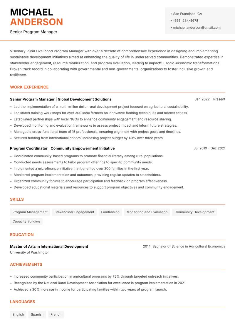 Rural Livelihood Program Manager resume template — Modern Professional