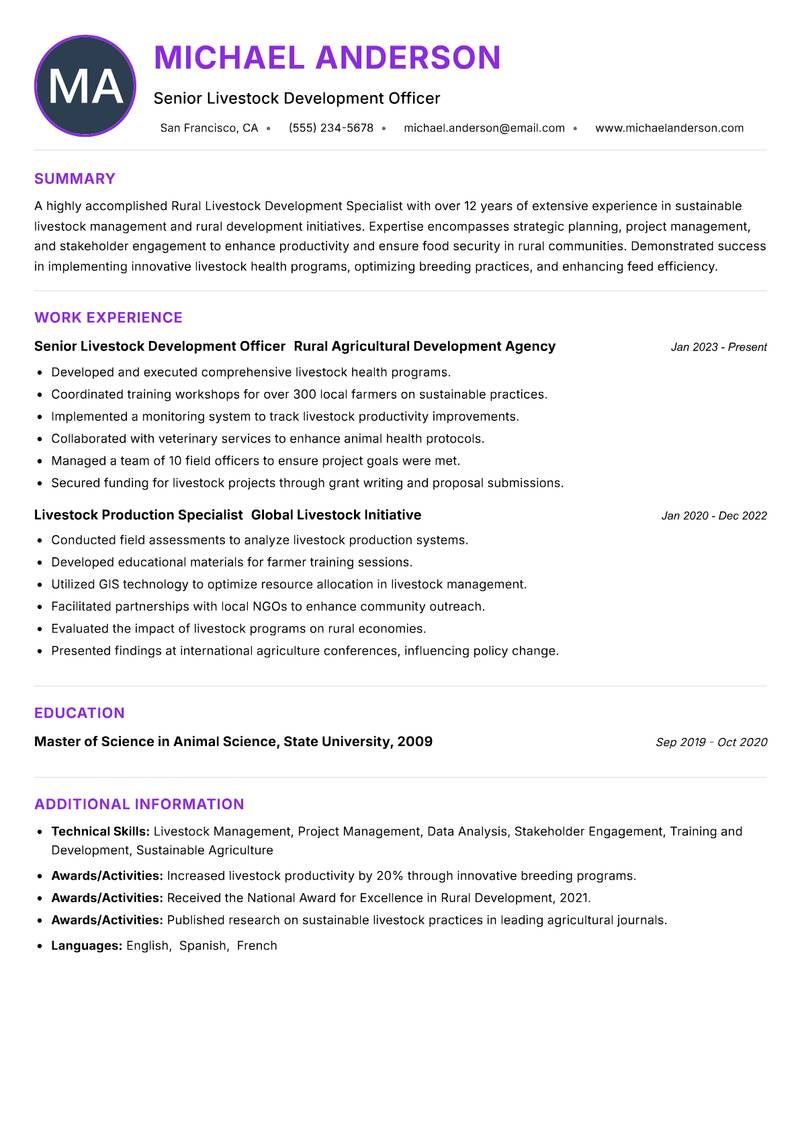 Rural Livestock Development Specialist resume example — ATS-friendly template