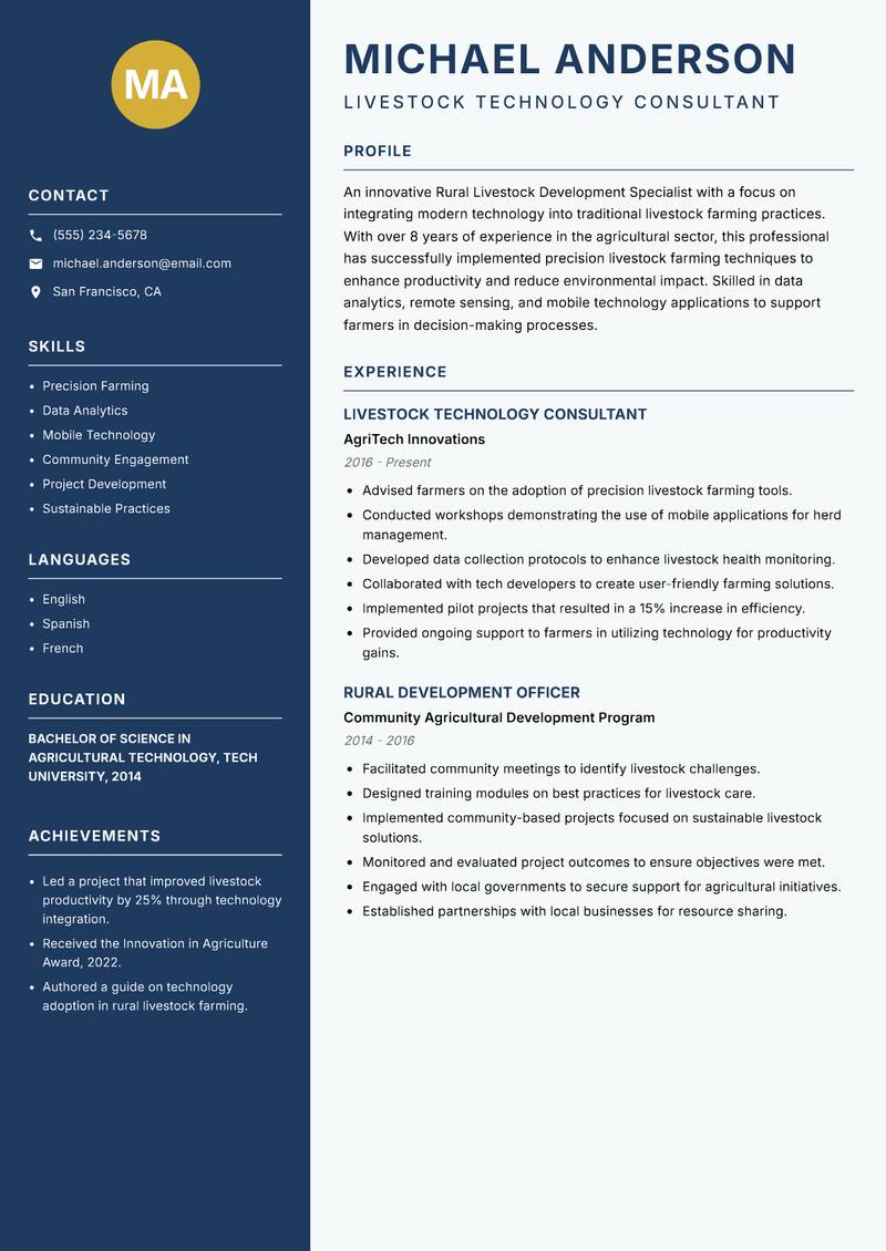 Rural Livestock Development Specialist resume template — Classic Clean