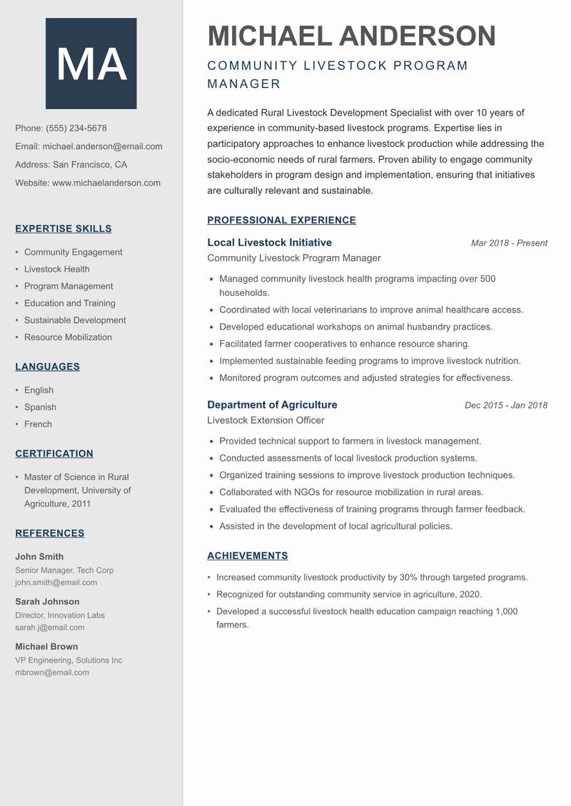 Rural Livestock Development Specialist resume template — Creative Minimal