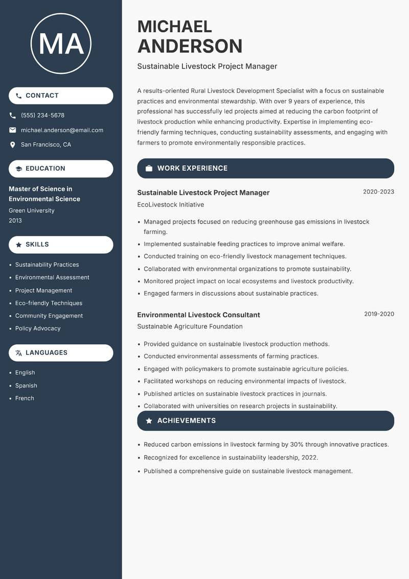 Rural Livestock Development Specialist resume template — Compact