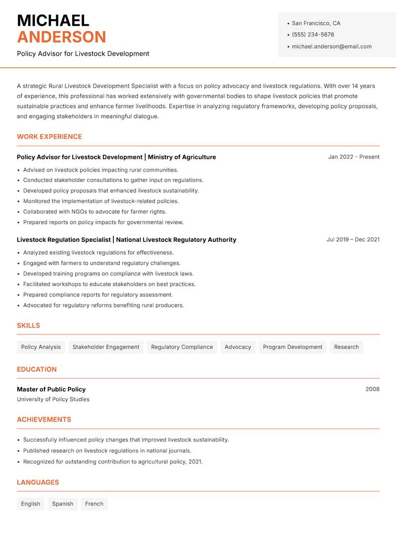 Rural Livestock Development Specialist resume template — Modern Professional