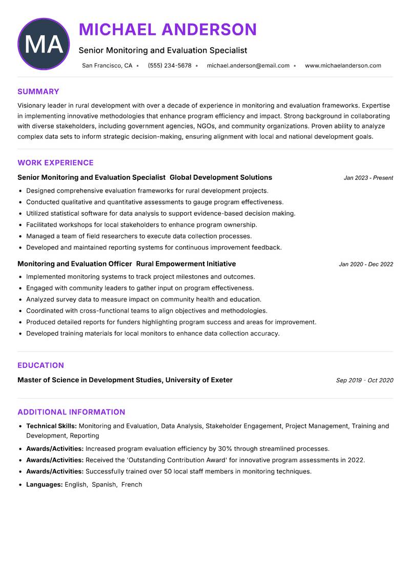 Rural Monitoring and Evaluation Manager resume example — ATS-friendly template