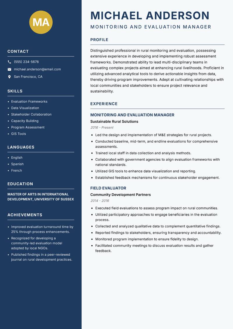 Rural Monitoring and Evaluation Manager resume template — Classic Clean