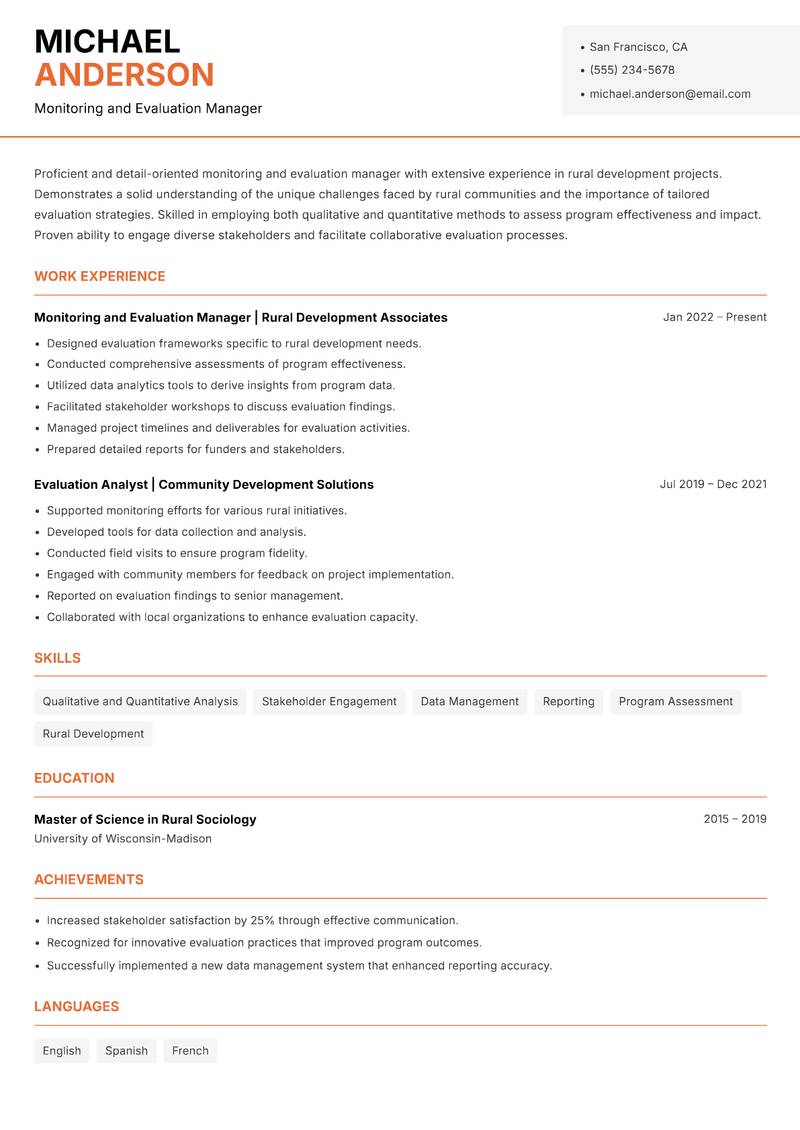 Rural Monitoring and Evaluation Manager resume template — Modern Professional
