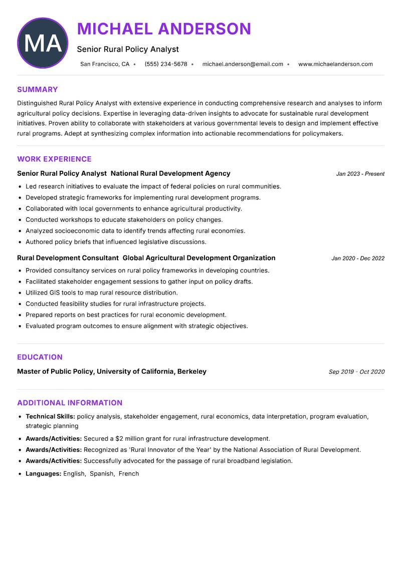 Rural Policy Analyst resume example — ATS-friendly template