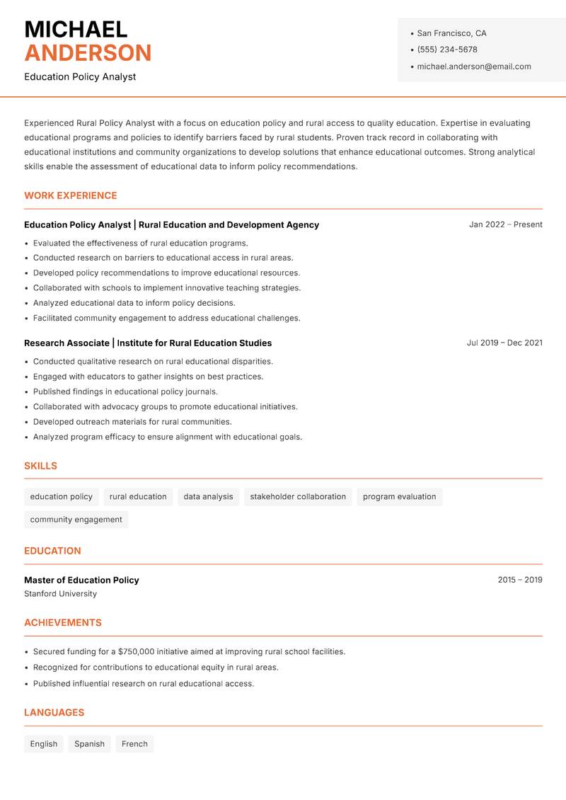 Rural Policy Analyst resume template — Modern Professional