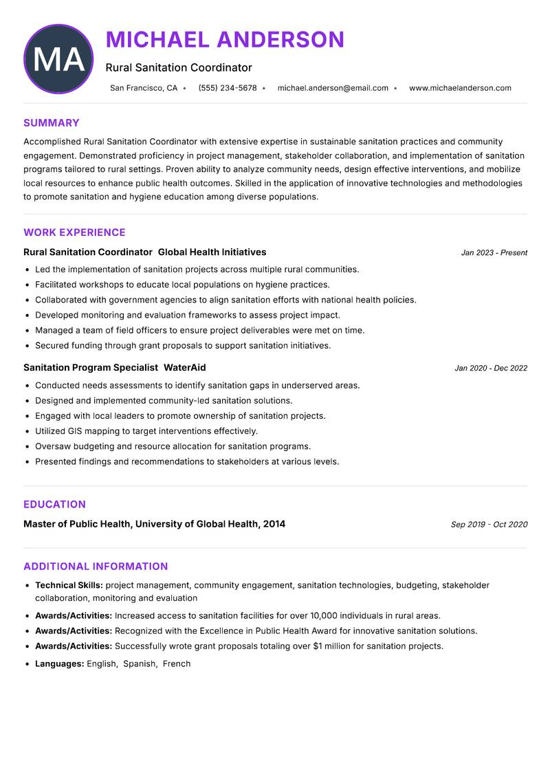 Rural Sanitation Coordinator resume example — ATS-friendly template