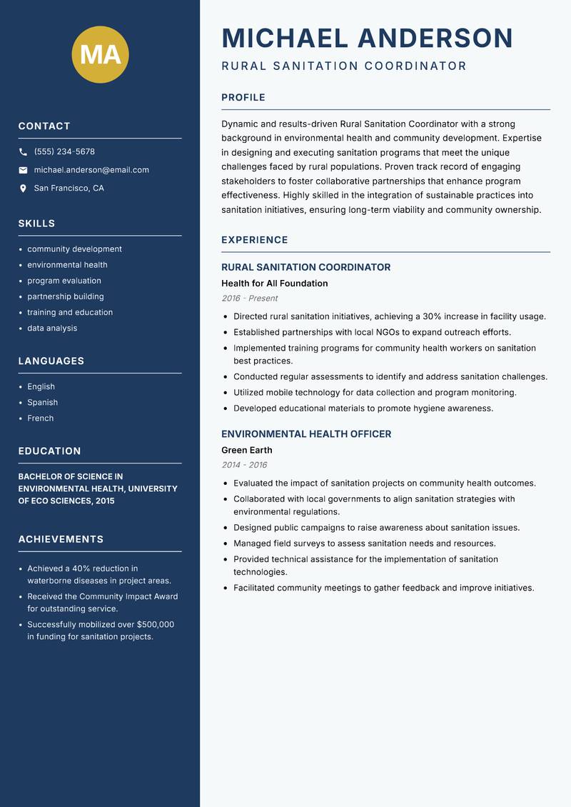 Rural Sanitation Coordinator resume template — Classic Clean