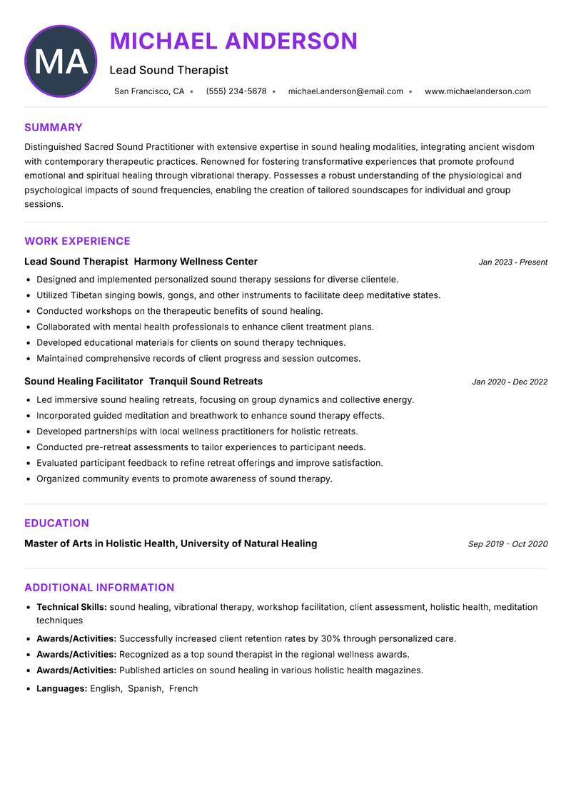 Sacred Sound Practitioner resume example — ATS-friendly template