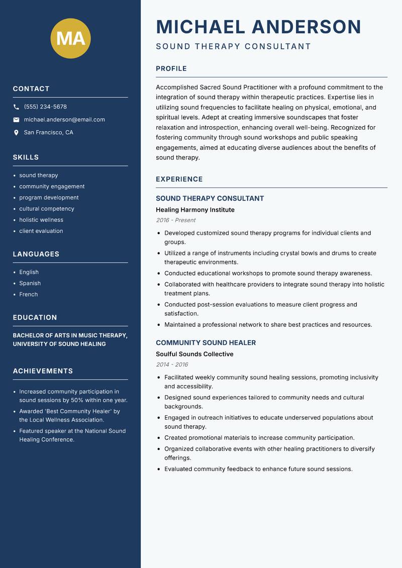 Sacred Sound Practitioner resume template — Classic Clean