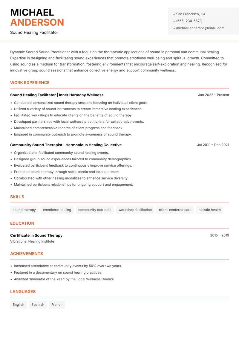 Sacred Sound Practitioner resume template — Modern Professional