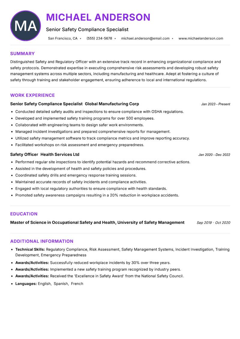 Safety and Regulatory Officer resume example — ATS-friendly template