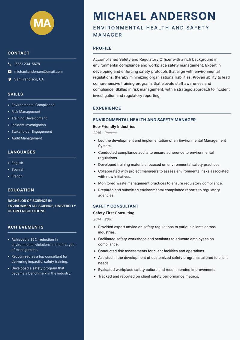 Safety and Regulatory Officer resume template — Classic Clean
