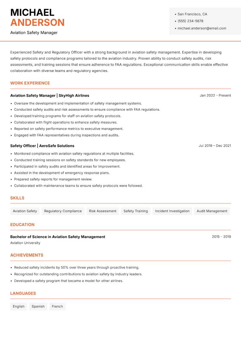 Safety and Regulatory Officer resume template — Modern Professional