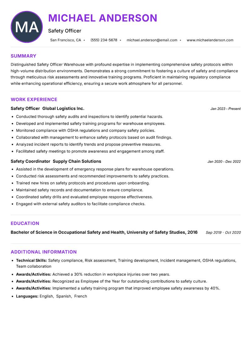 Safety Officer Warehouse resume example — ATS-friendly template