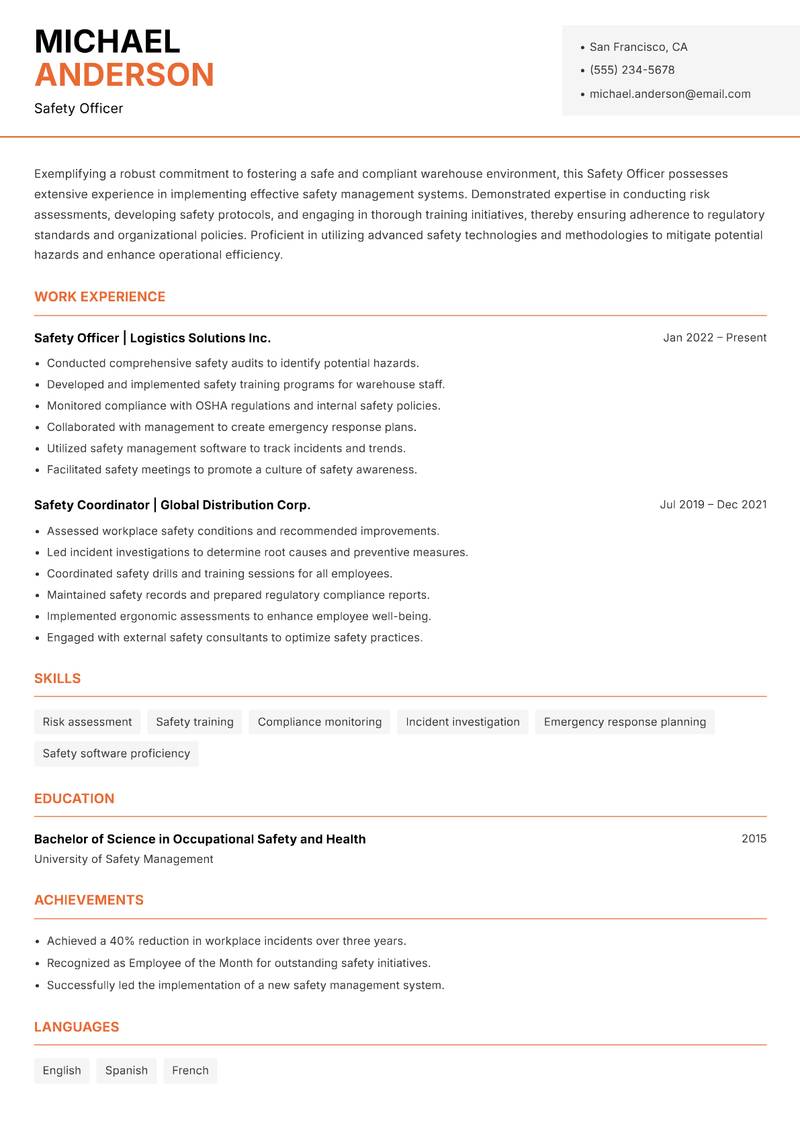 Safety Officer Warehouse resume template — Modern Professional