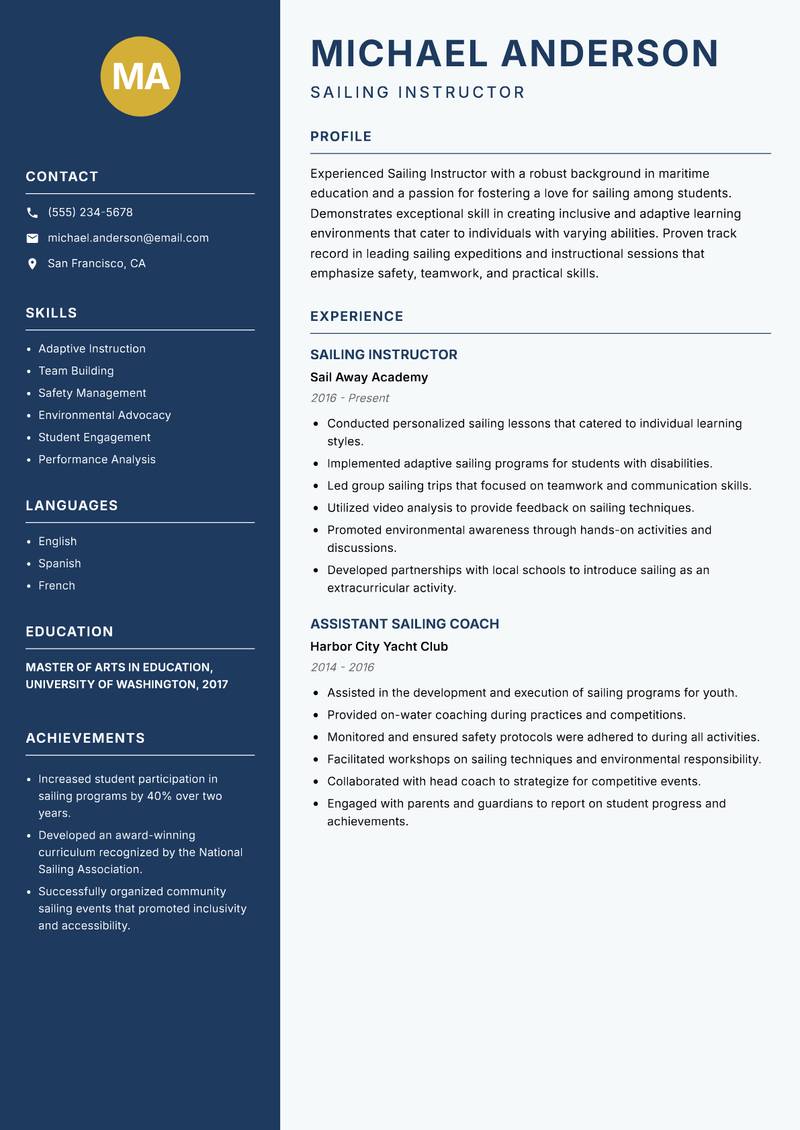 Sailing Instructor resume template — Classic Clean