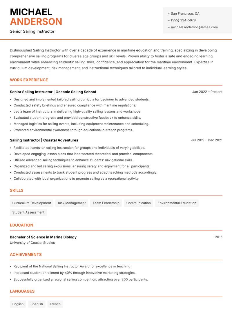 Sailing Instructor resume template — Modern Professional