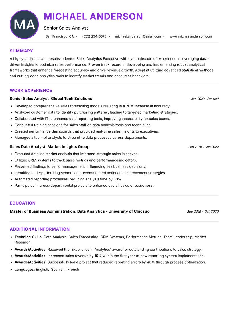 Sales Analytics Executive resume example — ATS-friendly template