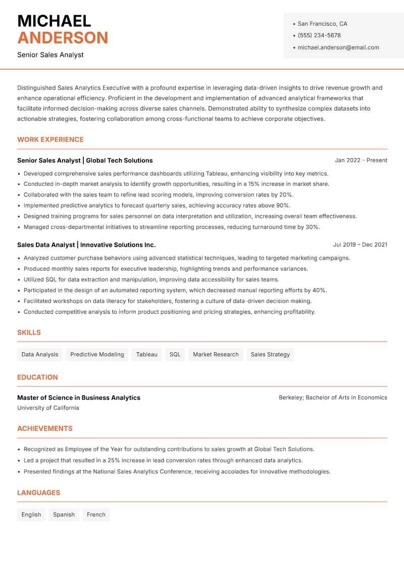 Sales Analytics Executive resume template — Modern Professional