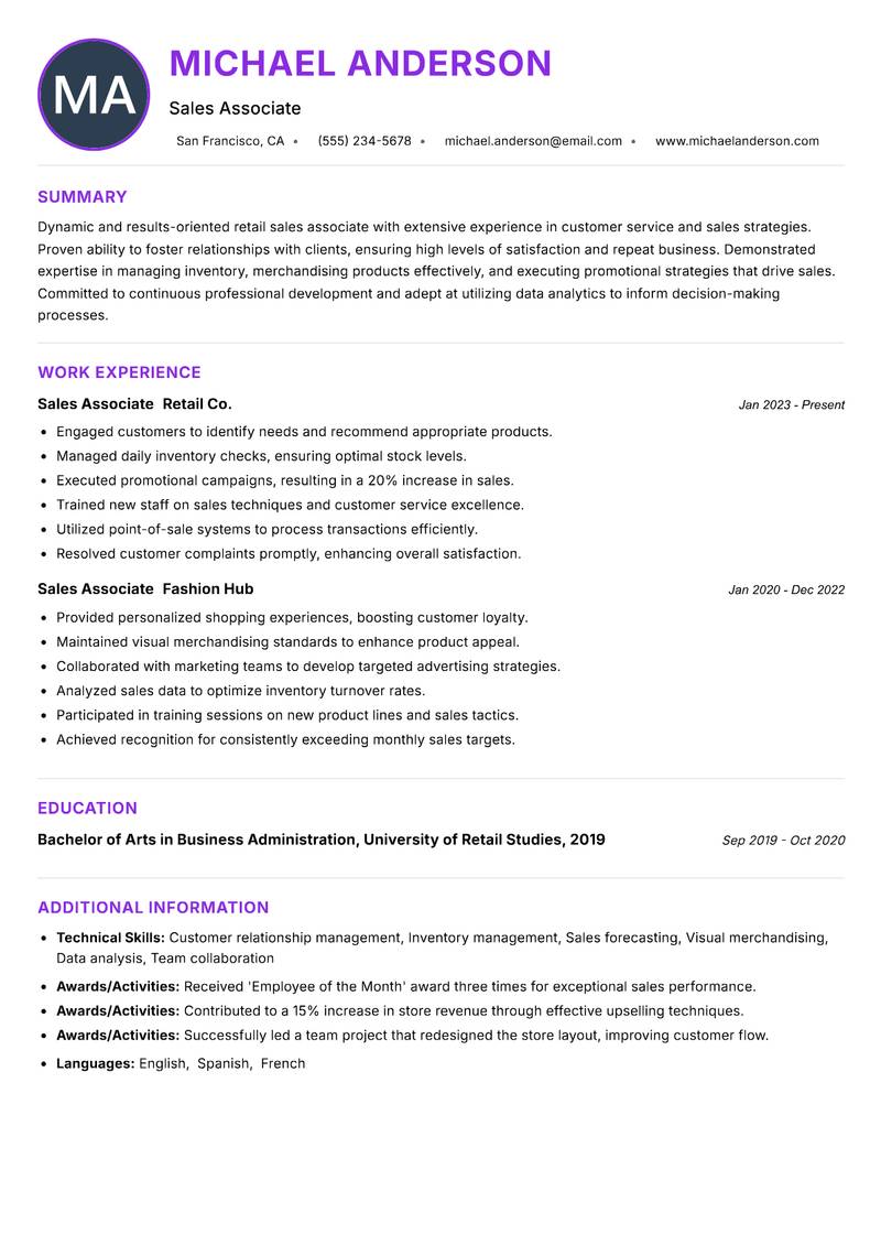 Sales Associate Retail resume example — ATS-friendly template