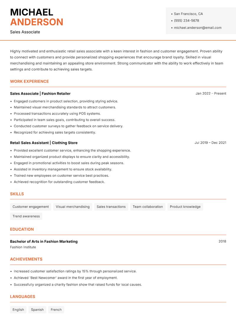 Sales Associate Retail resume template — Modern Professional