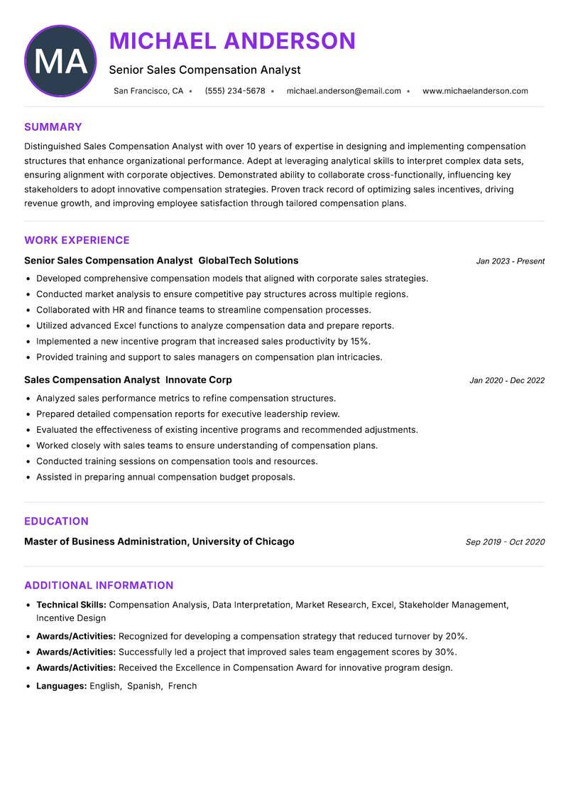 Sales Compensation Analyst resume example — ATS-friendly template