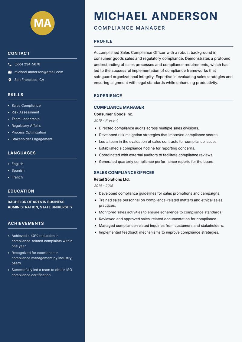 Sales Compliance Officer resume template — Classic Clean