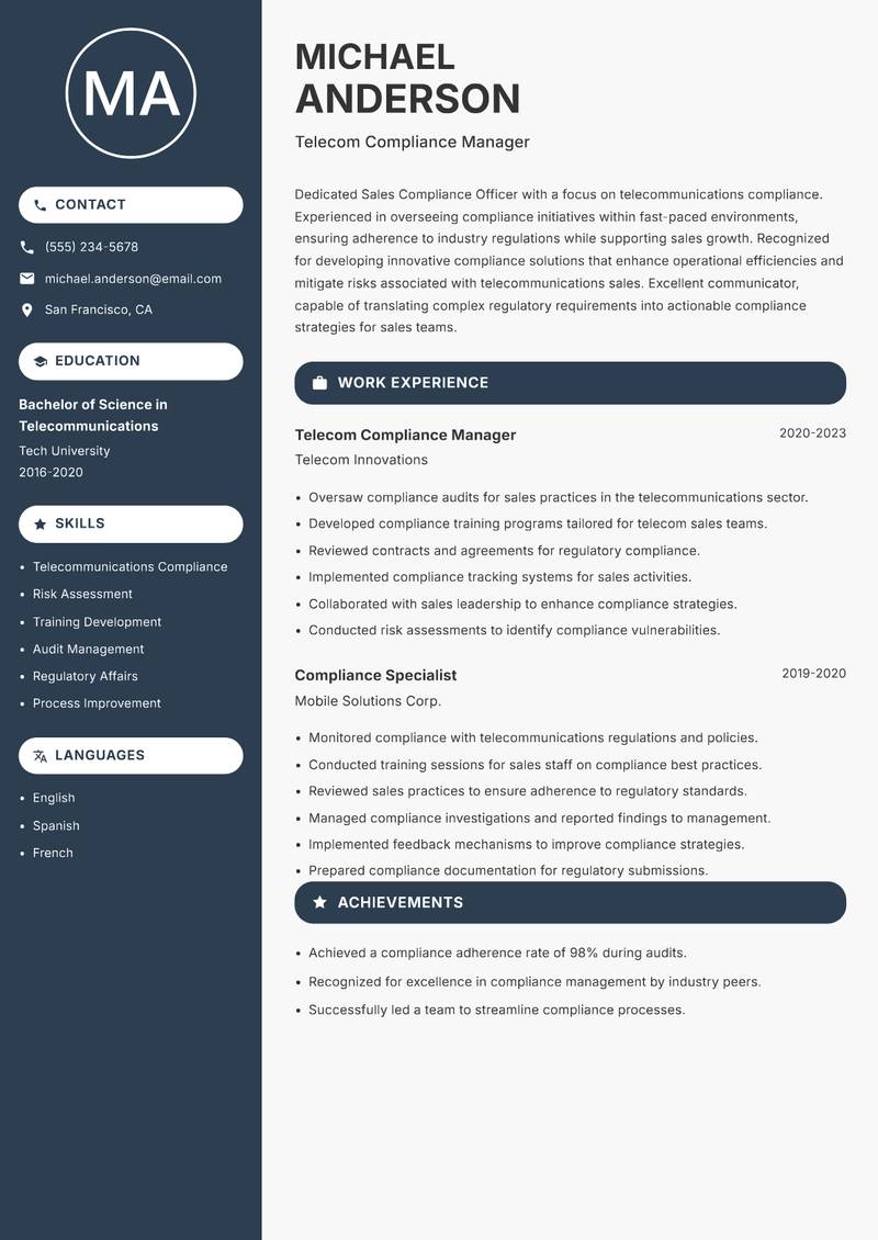 Sales Compliance Officer resume template — Compact