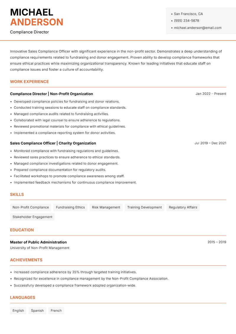 Sales Compliance Officer resume template — Modern Professional