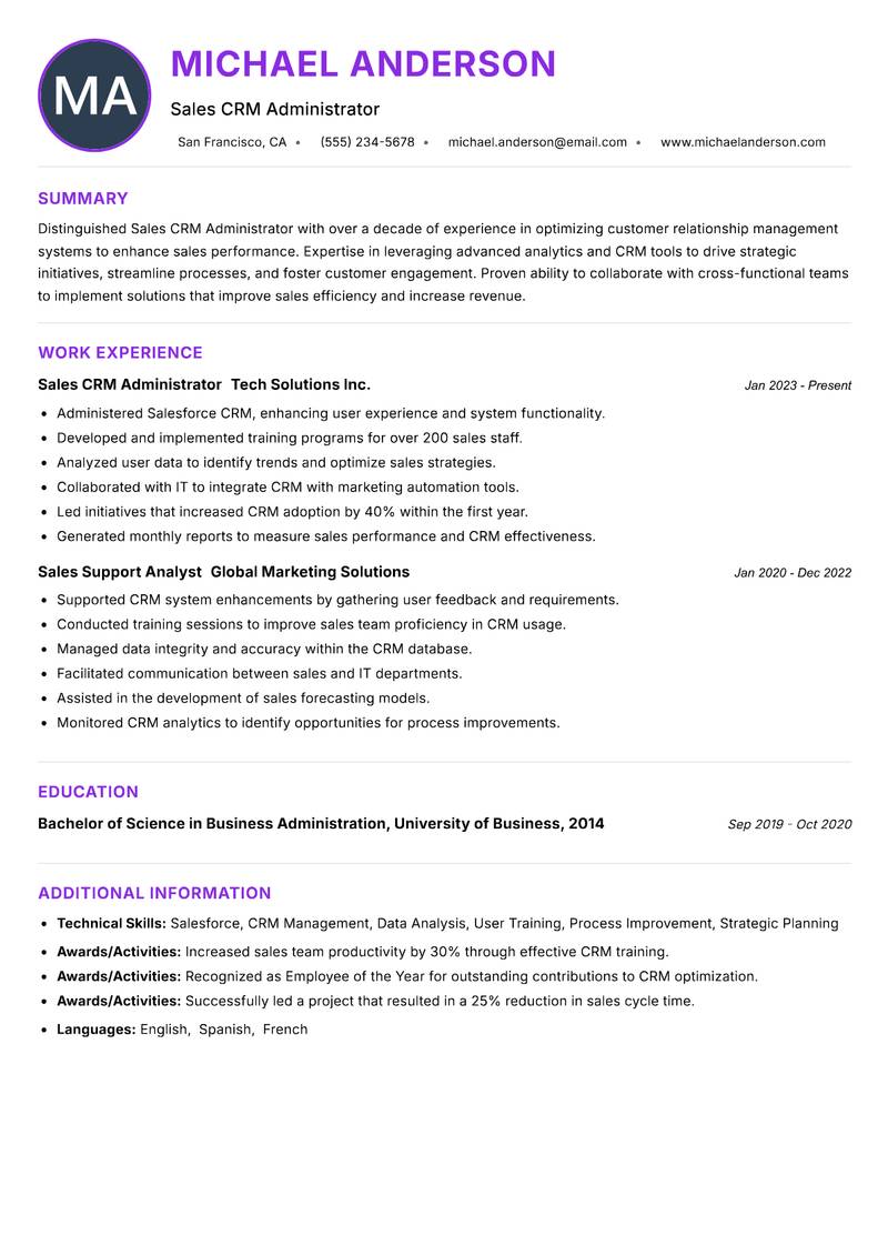 Sales CRM Administrator resume example — ATS-friendly template