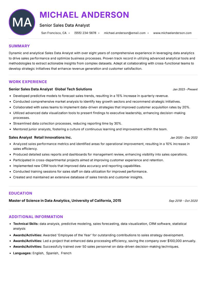 Sales Data Analyst resume example — ATS-friendly template