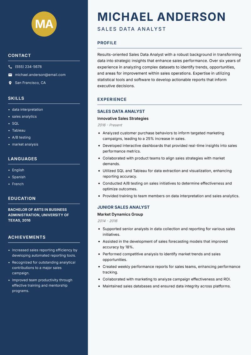 Sales Data Analyst resume template — Classic Clean