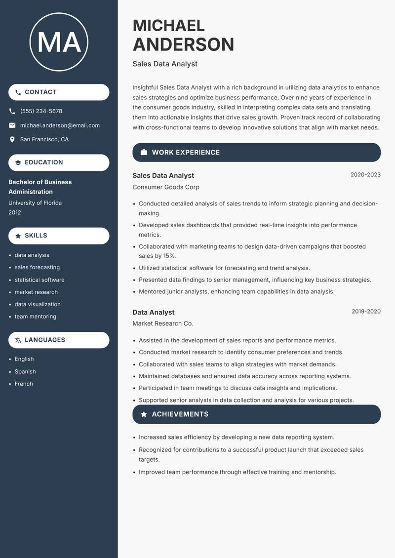Sales Data Analyst resume template — Compact