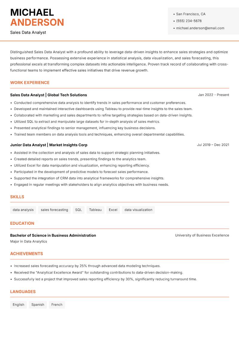 Sales Data Analyst resume template — Modern Professional