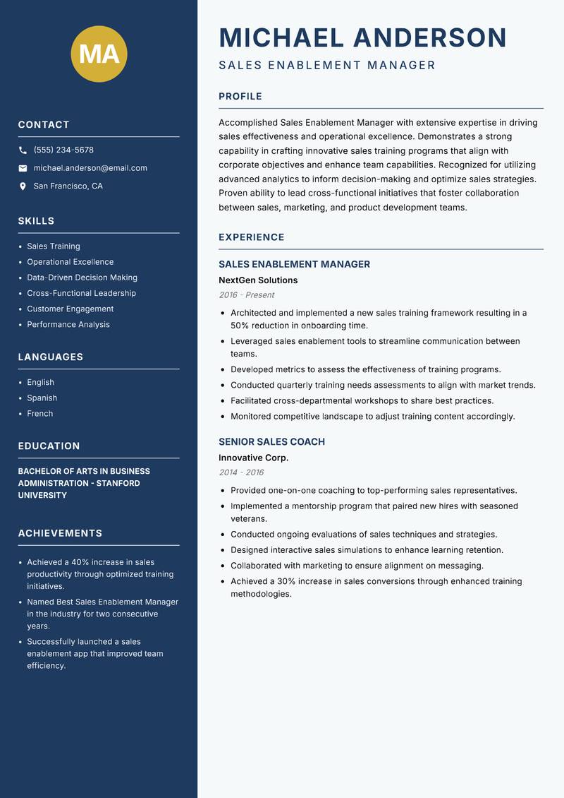 Sales Enablement Manager resume template — Classic Clean