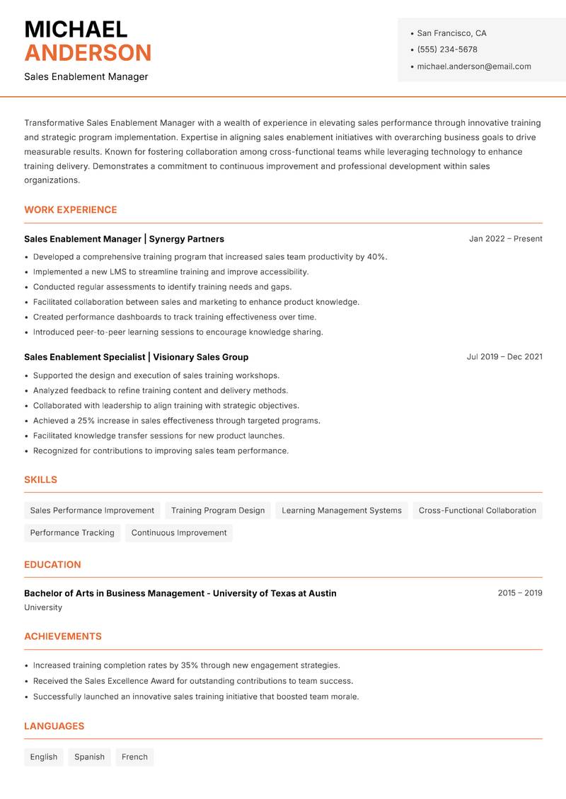 Sales Enablement Manager resume template — Modern Professional