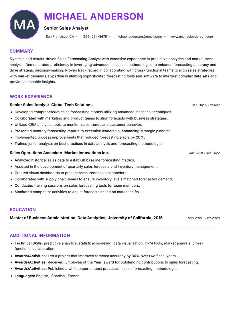 Sales Forecasting Analyst resume example — ATS-friendly template