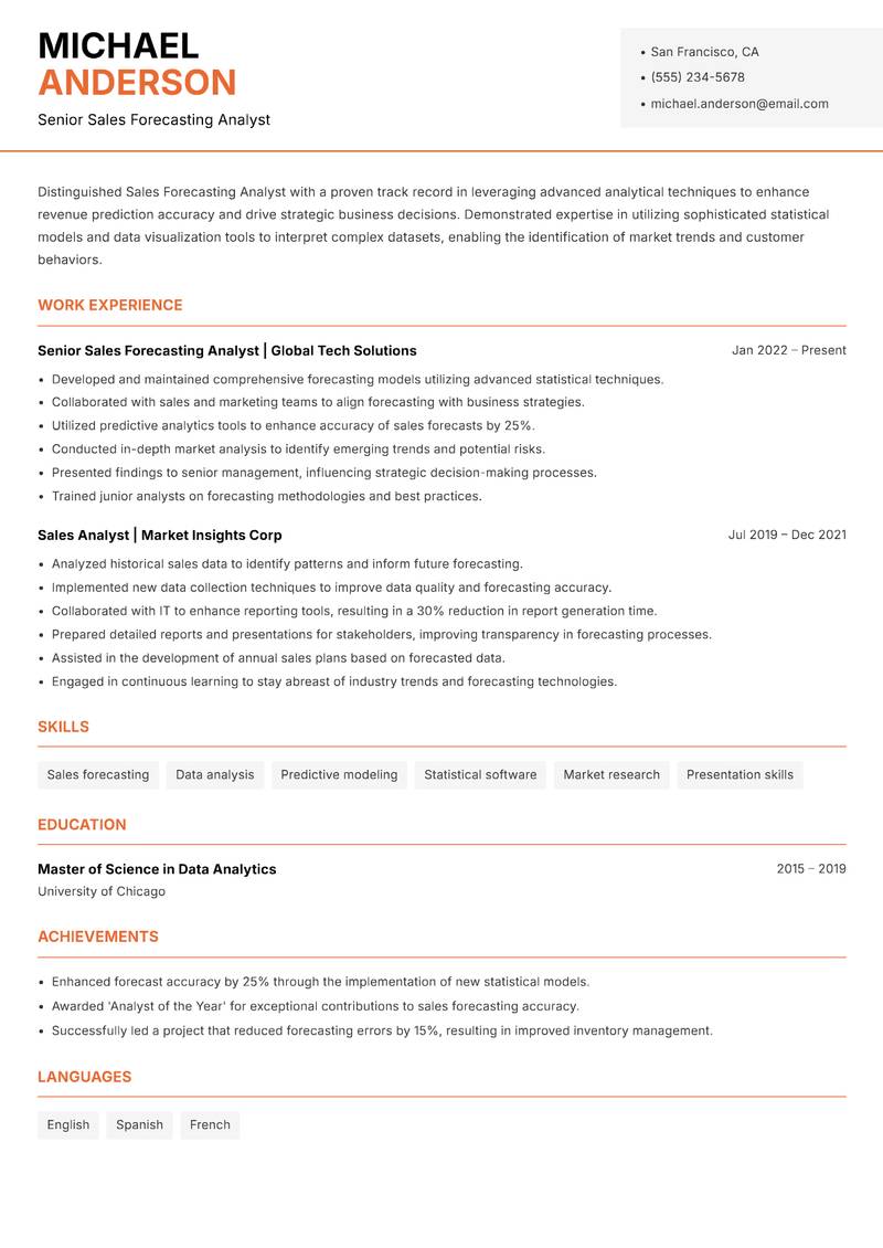 Sales Forecasting Analyst resume template — Modern Professional