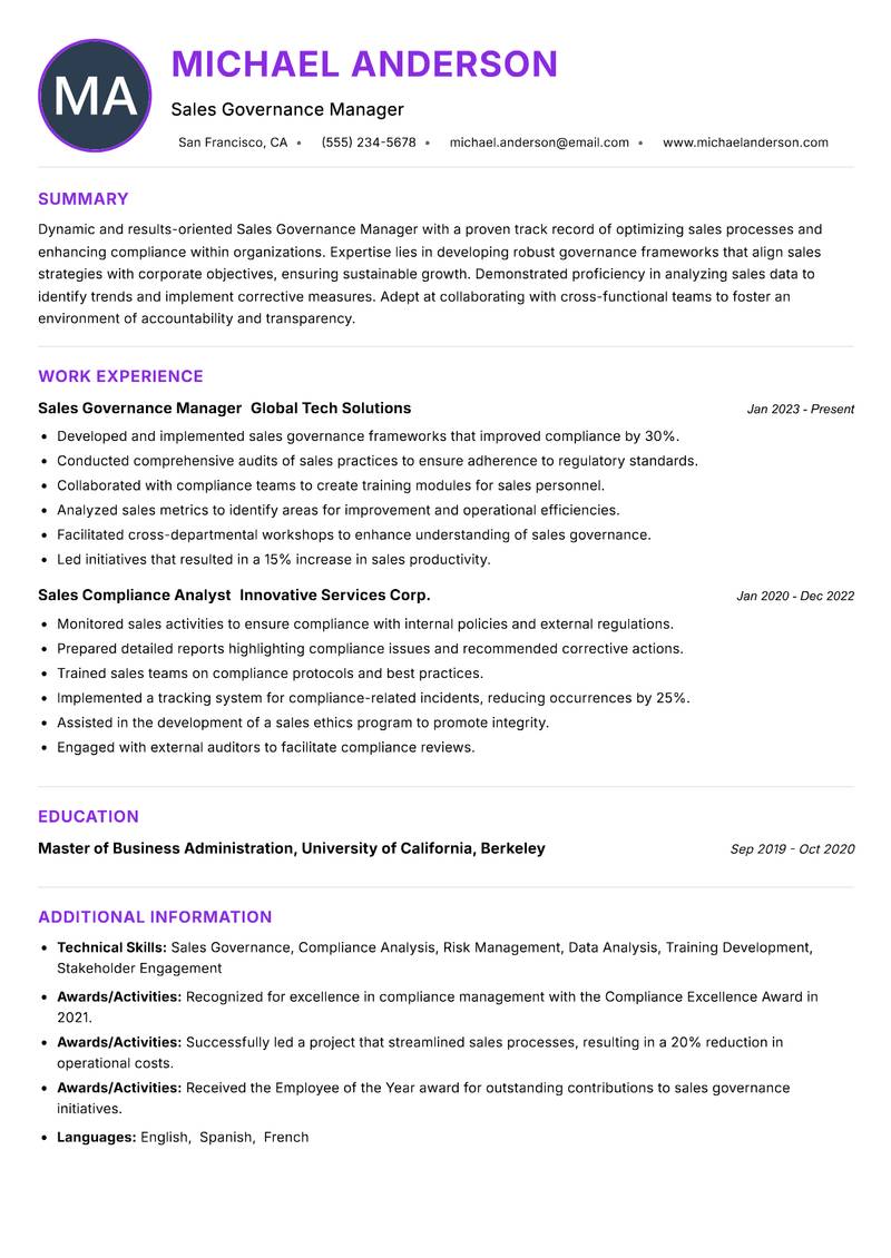 Sales Governance Manager resume example — ATS-friendly template